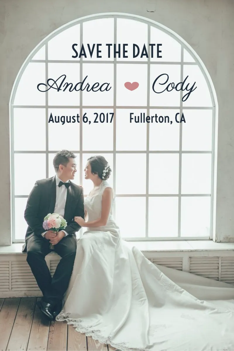 Save the date for Andrea Lee's and Cody Wang's wedding: August 6, 2017, in Fullerton, CA